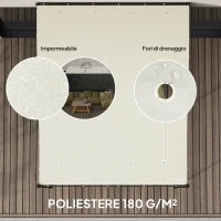 Pergola Addossata Ricurva con 16 Fori di Drenaggio, in Metallo e Poliestere, 248x298x200/250 cm, Bianco Crema