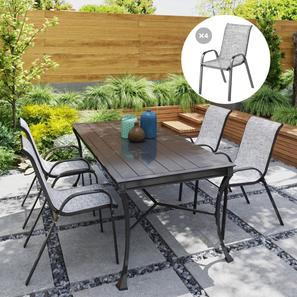Set 4 Sedie da Giardino Impilabili con Braccioli Curvi, in Acciaio e Tessuto Traspirante, 54x71x93 cm, Grigio