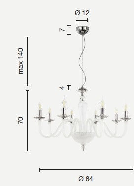 LAMPADARIO DEBUSSY 8 LUCI BIANCO SATINATO CROMO ATTACCO E14 D.84CM