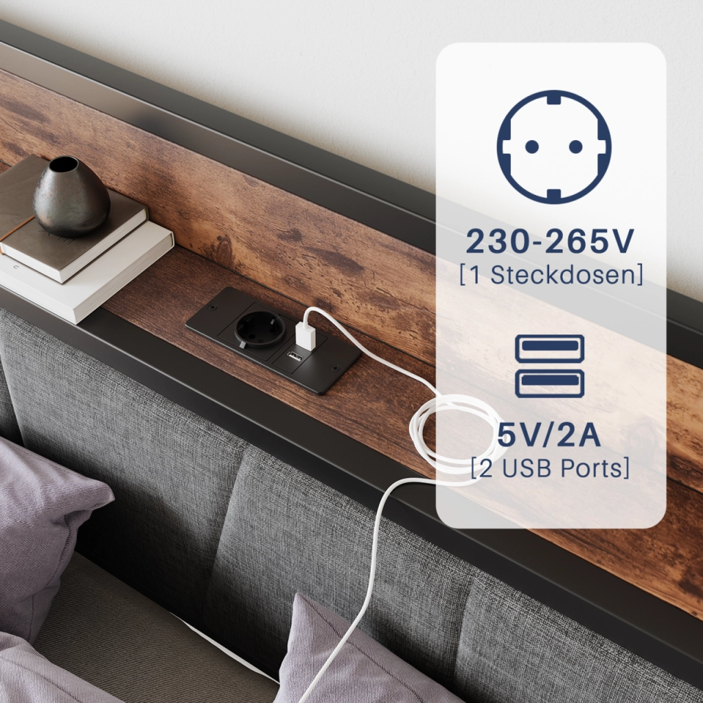 Struttura letto 120 × 200 cm con testiera contenitore; LED; USB e presa; metallo e MDF marrone antico