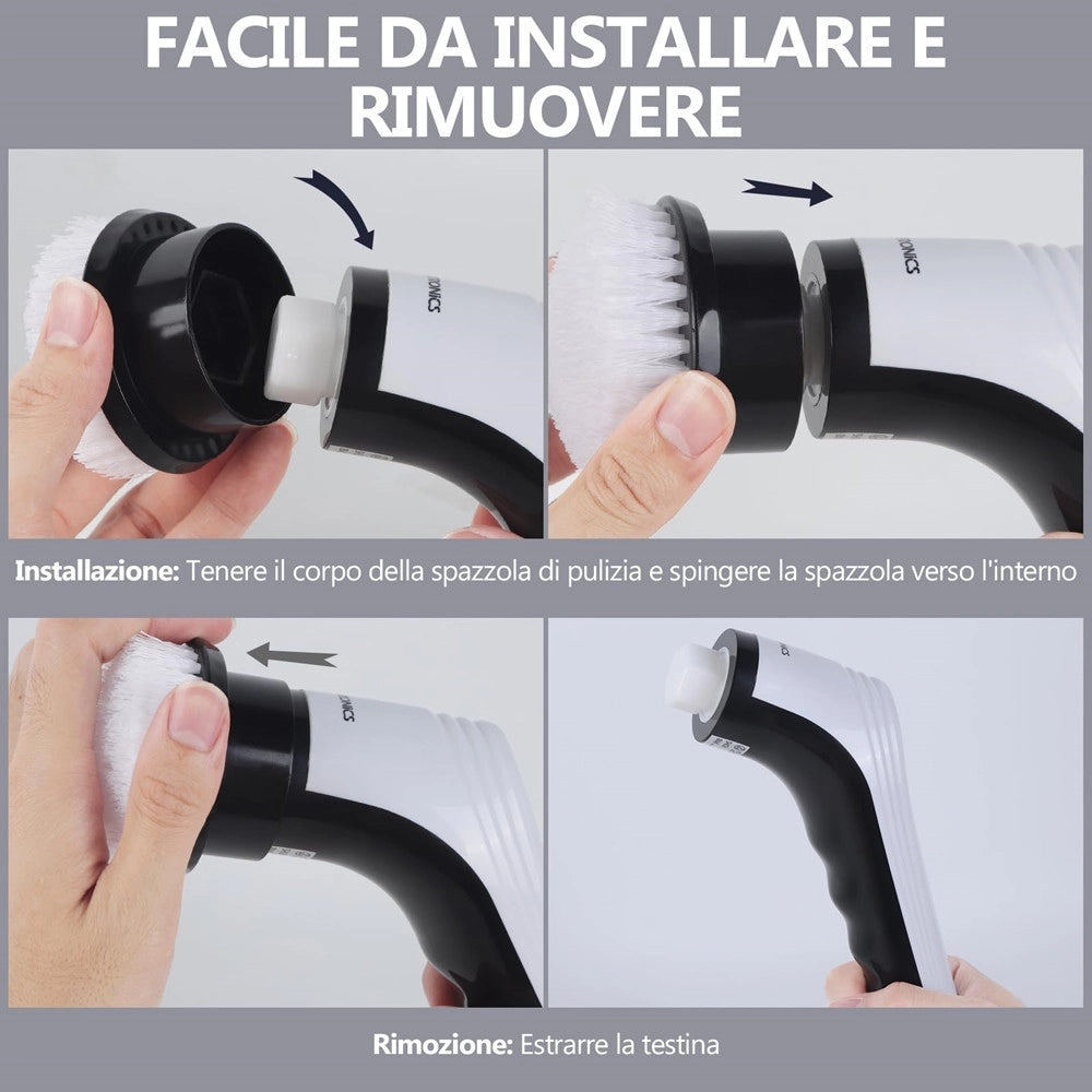 Trade Shop - Spazzola Rotante Elettrica Multifunzione 9in1 Ricaricabile Senza Fili Manico Estensibile -