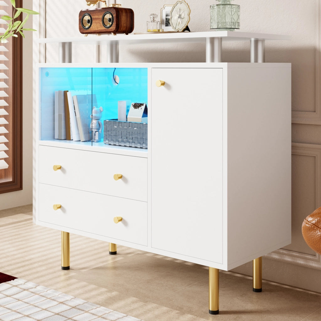 Credenza ULEVR 80x35x80 cm con LED, ante in vetro e cassetti, bianca