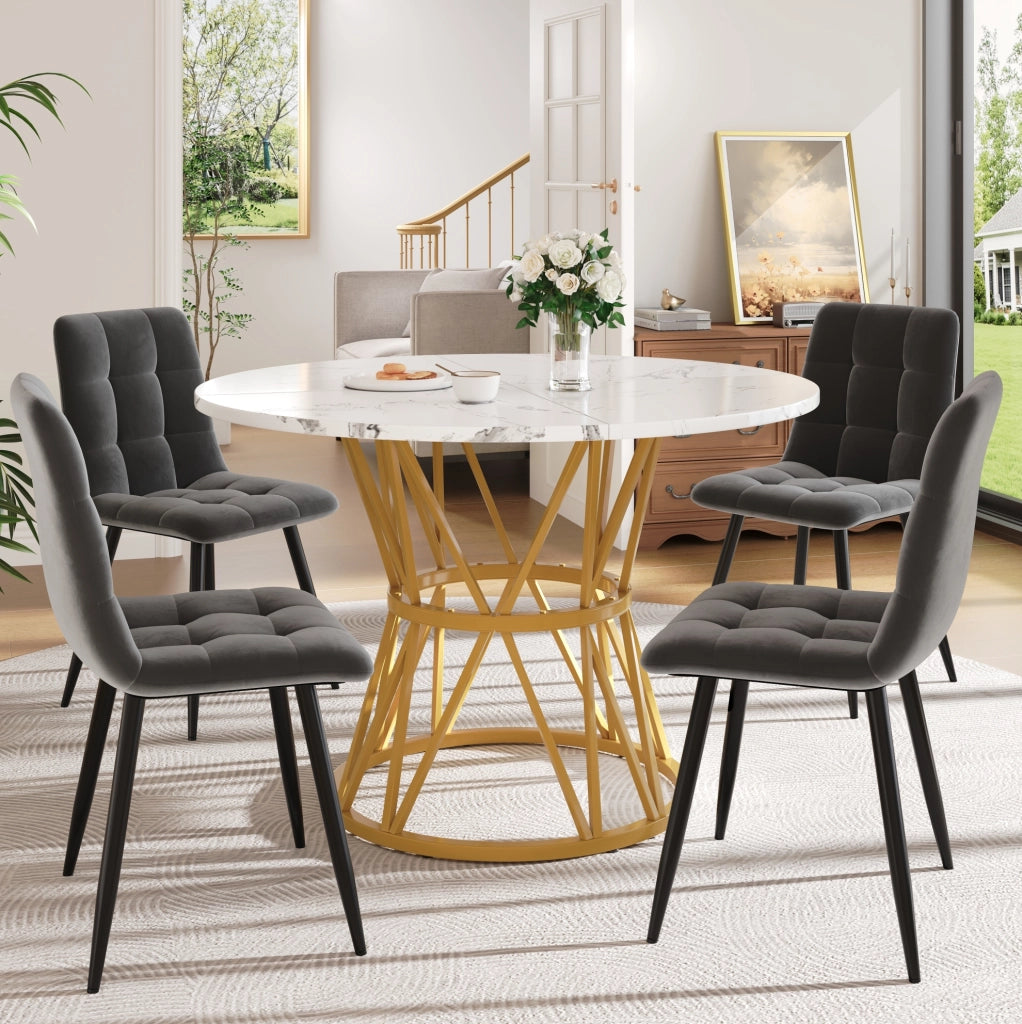 Set tavolo e 4 sedie rotondo 100 cm MDF effetto marmo grigio e oro