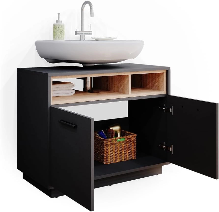 Mobile sottolavabo per bagno Beatrice, Antracite, 80 x 64 cm, con ritaglio per sifone e ripiani aperti