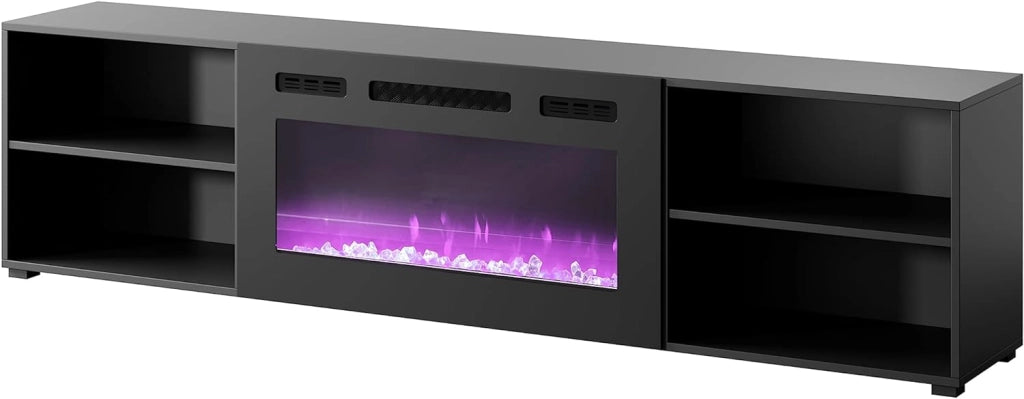 Mobile porta TV soggiorno con caminetto nero ROLLO cm 200x33x48.5h Nero Opaco