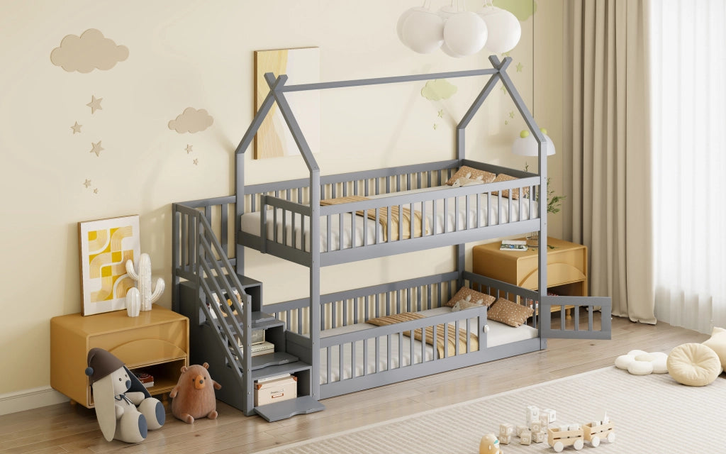 Letto a castello 90x200 cm con tetto; scala con cassetti e porticina in legno grigio