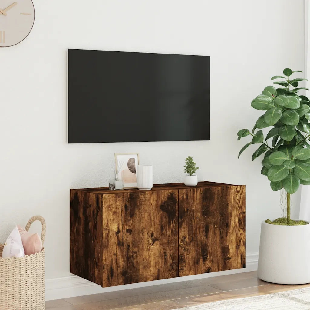 Mobile TV a Parete | Armadietto TV | Mobile Porta TV con Luci LED Rovere Fumo 80x35x41 cm