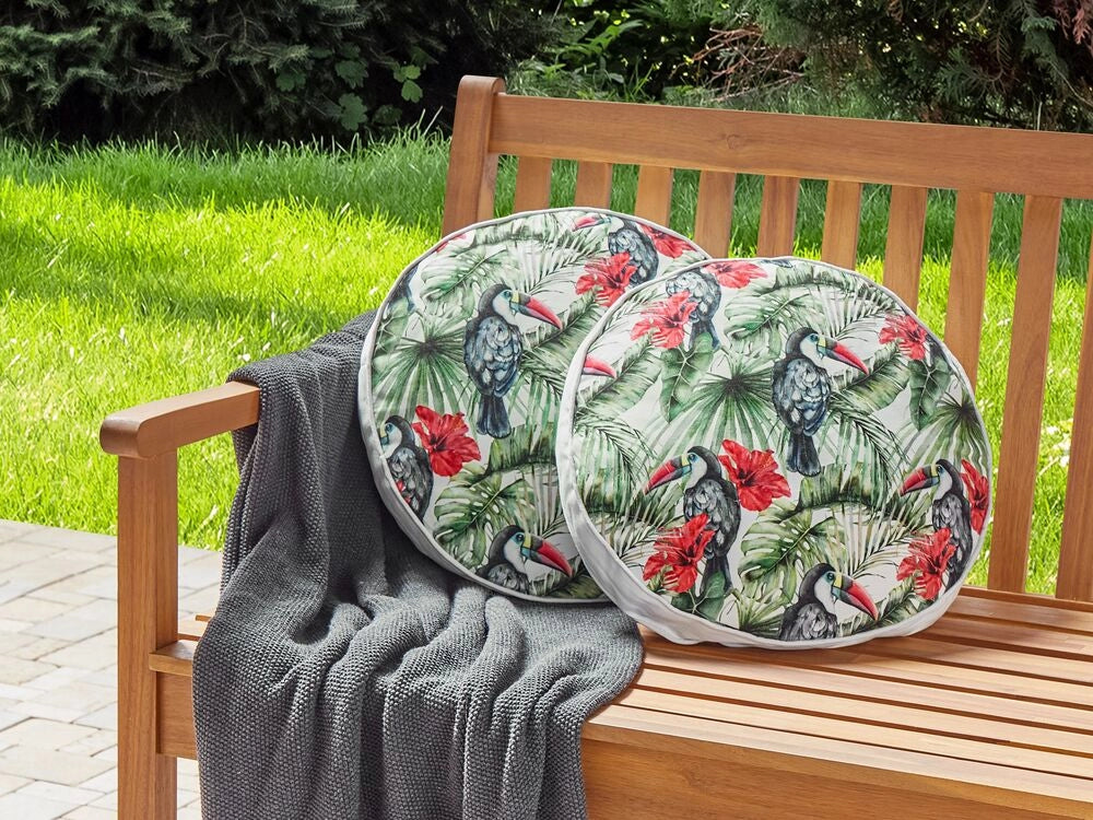 Set di 2 cuscini da esterno in poliestere multicolore ⌀ 40 cm Cuscino rotondo con stampa floreale e tucano da giardino Patio