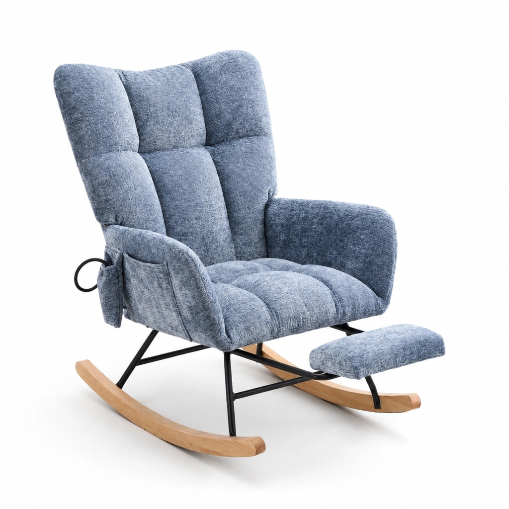 Sedia a dondolo con schienale alto; cuscino regolabile in chenille blu
