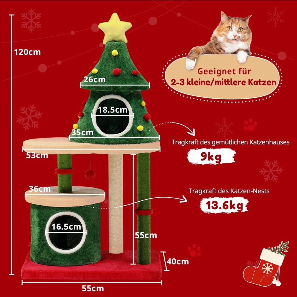 Albero di Natale per gatti di design albero di Natale, 123 cm, robusto con tiragraffi, casa a più piani, piattaforme e palla da gioco, mobile per graffi di Natale per gatti