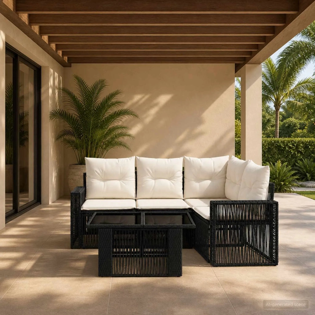 Set Divano da Giardino 5 pz Nero e Bianco Crema polyrattan 3436786