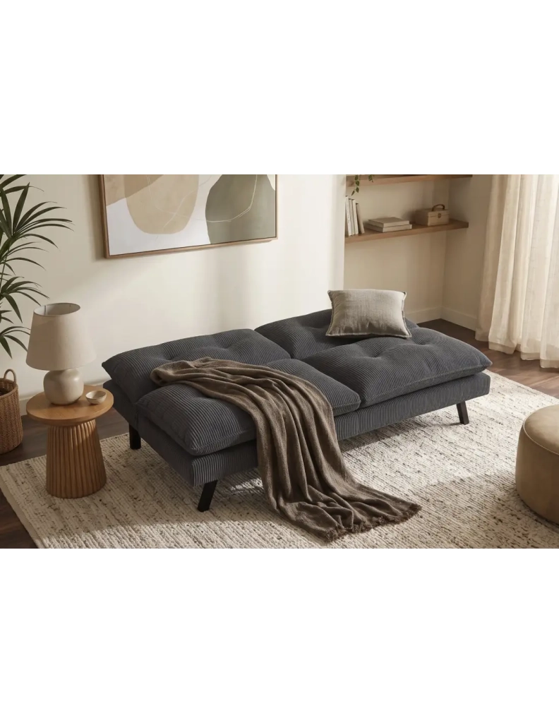 Divano letto AZENA 3 posti in tessuto a coste – Grigio scuro e nero – 190 x 80 x 90 cm