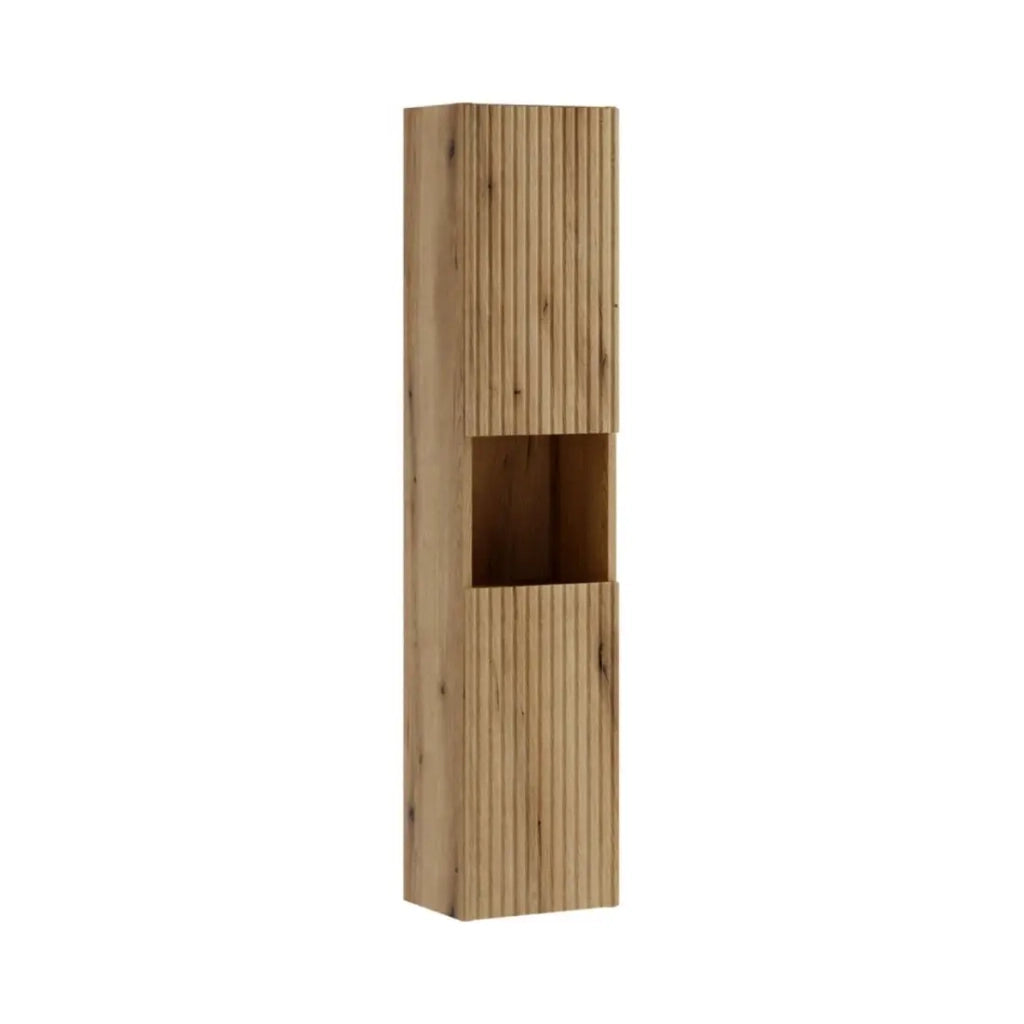 Set da bagno sospeso VANO in rovere chiaro 110cm: mobile sottolavabo con cassetti + piano per lavabo + colonna