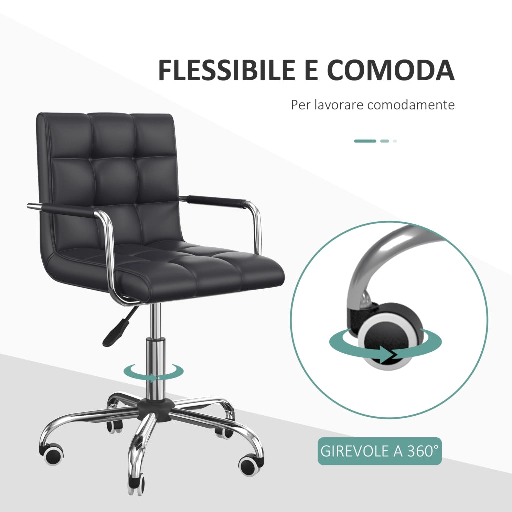EasyComfort Sedia da Ufficio Ergonomica in pelle PU Nero, Sedia da Studio con 5 Ruote Girevoli, Imbottitura e Altezza Regolabile, 52.5x54x84-99cm