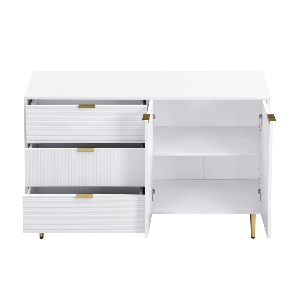 Credenza 120x38x80.5 cm con 3 cassetti e 2 ante; MDF bianco e oro