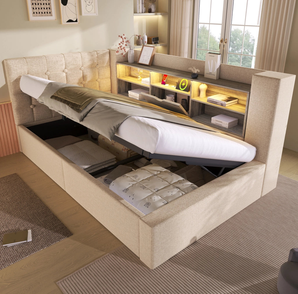 Letto singolo beige 90x190 cm con LED e contenitore idraulico