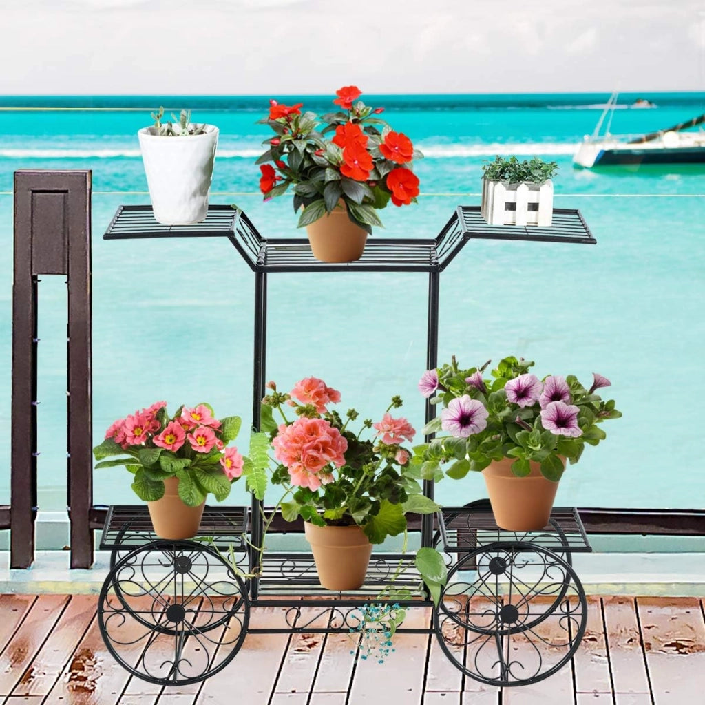 Scaffale Porta Fiori 6 Ripiani Metallo Fioriera Verticale a Scala da Interno Esterno, per Balcone Giardino Casa, Nero, 80,5 x 25 x 75 cm