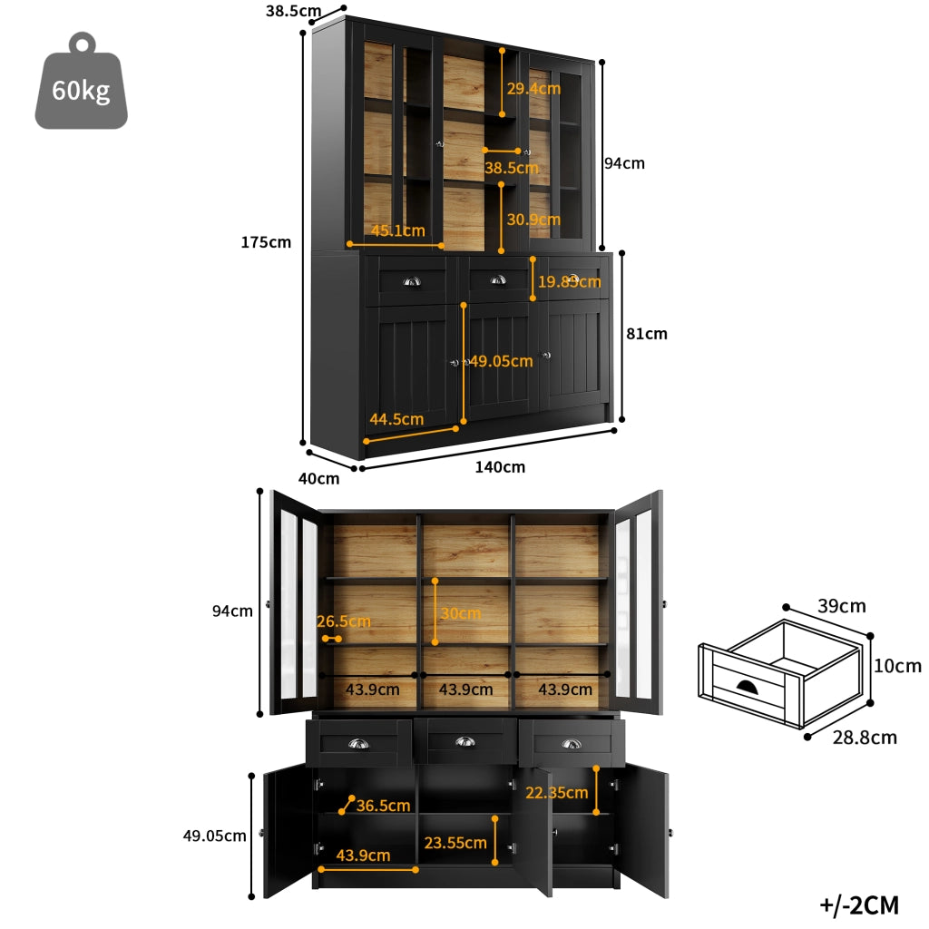 Vetrina da Cucina con Ante in Acrilico e Ripiani Regolabili con Sistema Antiribaltamento in MDF 140x38;5x175 cm