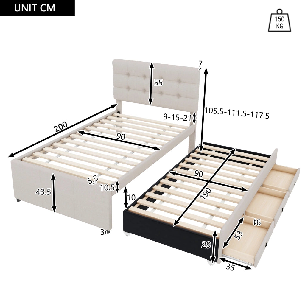 OKWISH Letto con Cassetti 90×200 cm, Letto Singolo con Letto estraibile, 3 Cassetti e Testiera Regolabile, senza Materasso, Beige