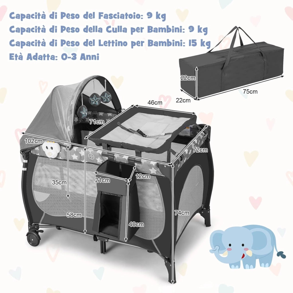 5 in 1 Lettino da Campeggio con Materasso, Lettino Neonato da Viaggio Pieghevole, Box Bambini Portatile con Borsa, Zanzariera, per Bambini 0-36 Mesi (Stella Grigia)
