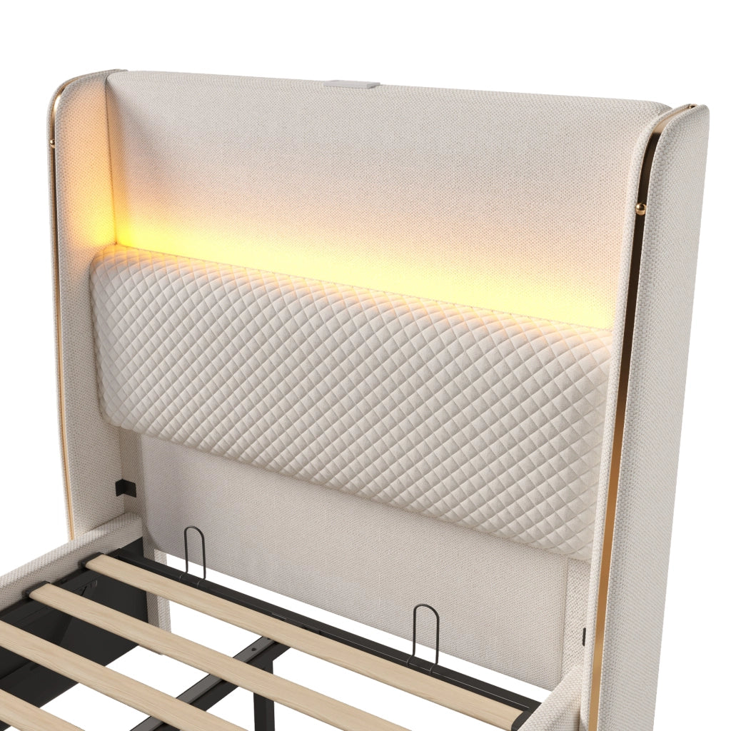 LETTO idraulico 90x200 cm in lino beige con LED, USB e Type-C
