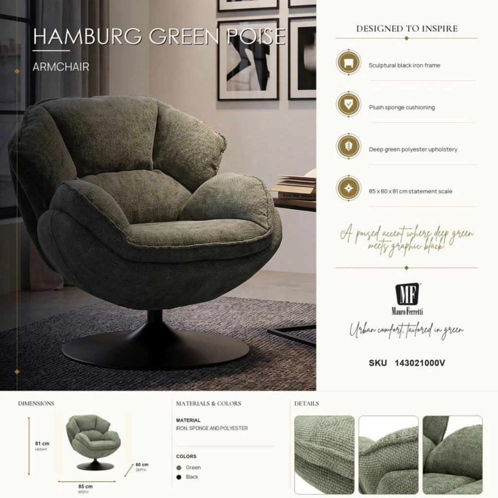 Poltrona girevole in poliestere verde con base in metallo nero