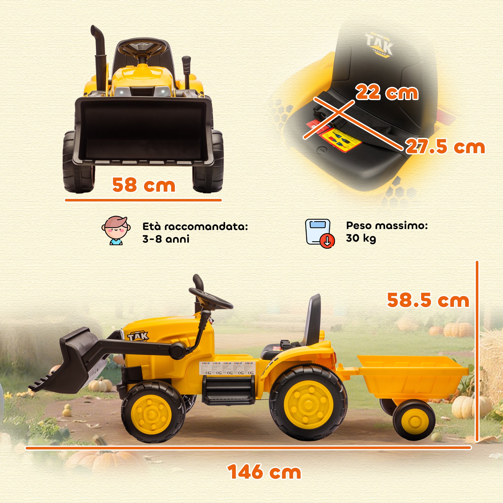 Escavatore per Bambini Elettrico 12V con Benna Rimorchio e Telecomando Età 3-8 Anni Giallo