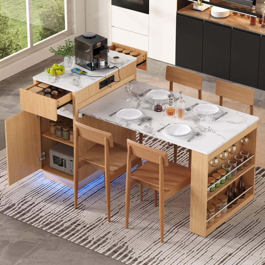 Tavolo da pranzo con 4 cassetti; vani e LED per cucina e soggiorno in MDF naturale