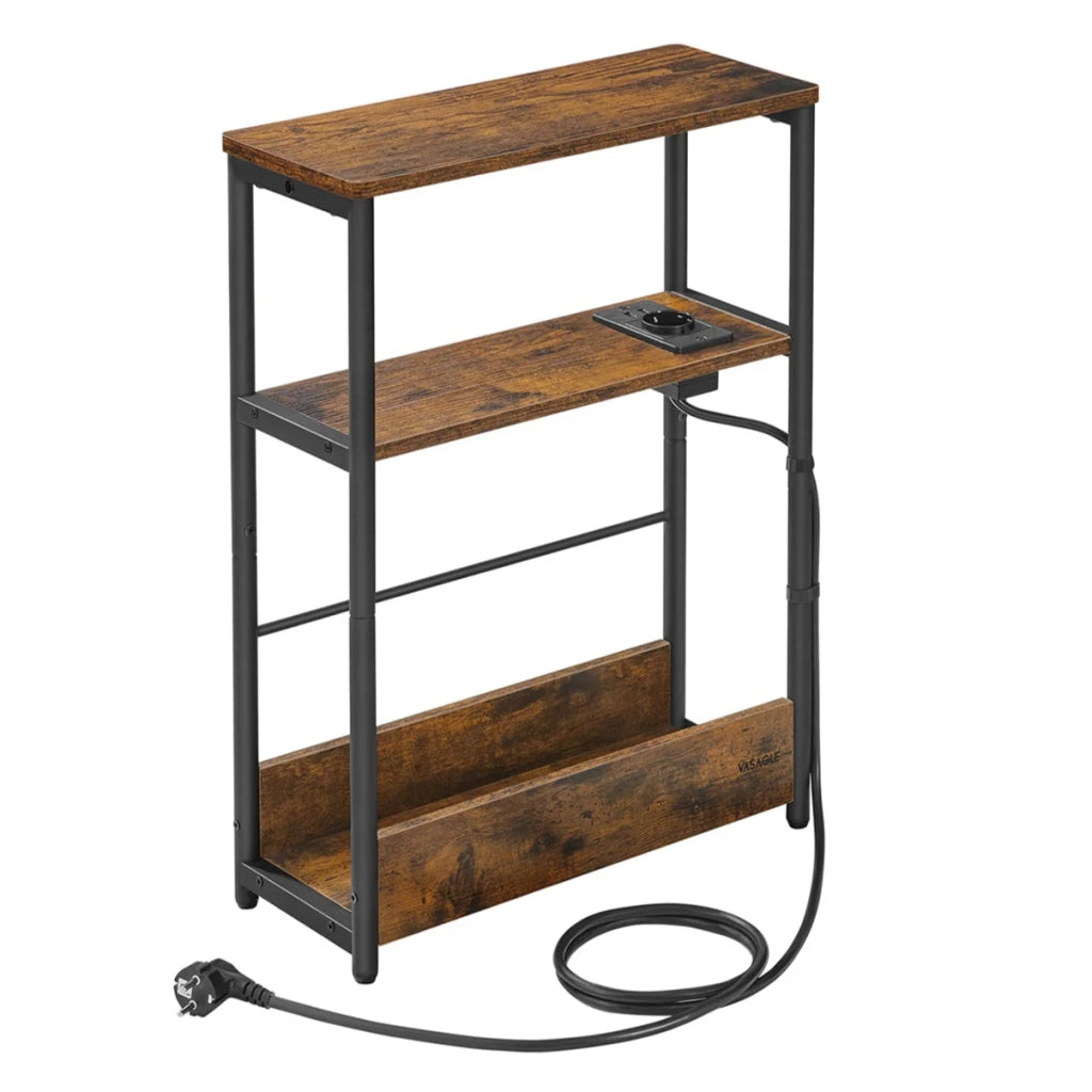 Tavolino sottile con multipresa comodino a 3 ripiani tavolino per piccoli spazi portariviste soggiorno camera da letto ufficio tavolini marroni 12_0007557