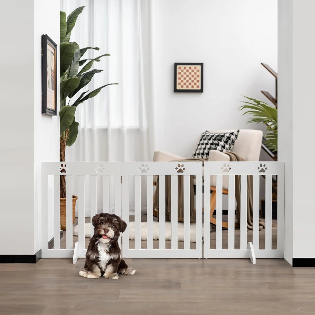 Cancelletto per Cani Pieghevoli 150 x 60 cm, Barriera per Cani in Legno a 3 Pannelli con Piedini Stabili, Recinzione per Scale, Ingressi e Corridoi (Bianco)
