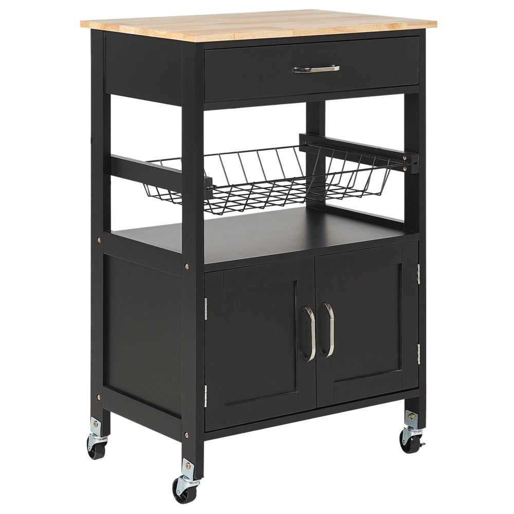 Carrello da cucina nero e legno chiaro con cassetto e armadietto
