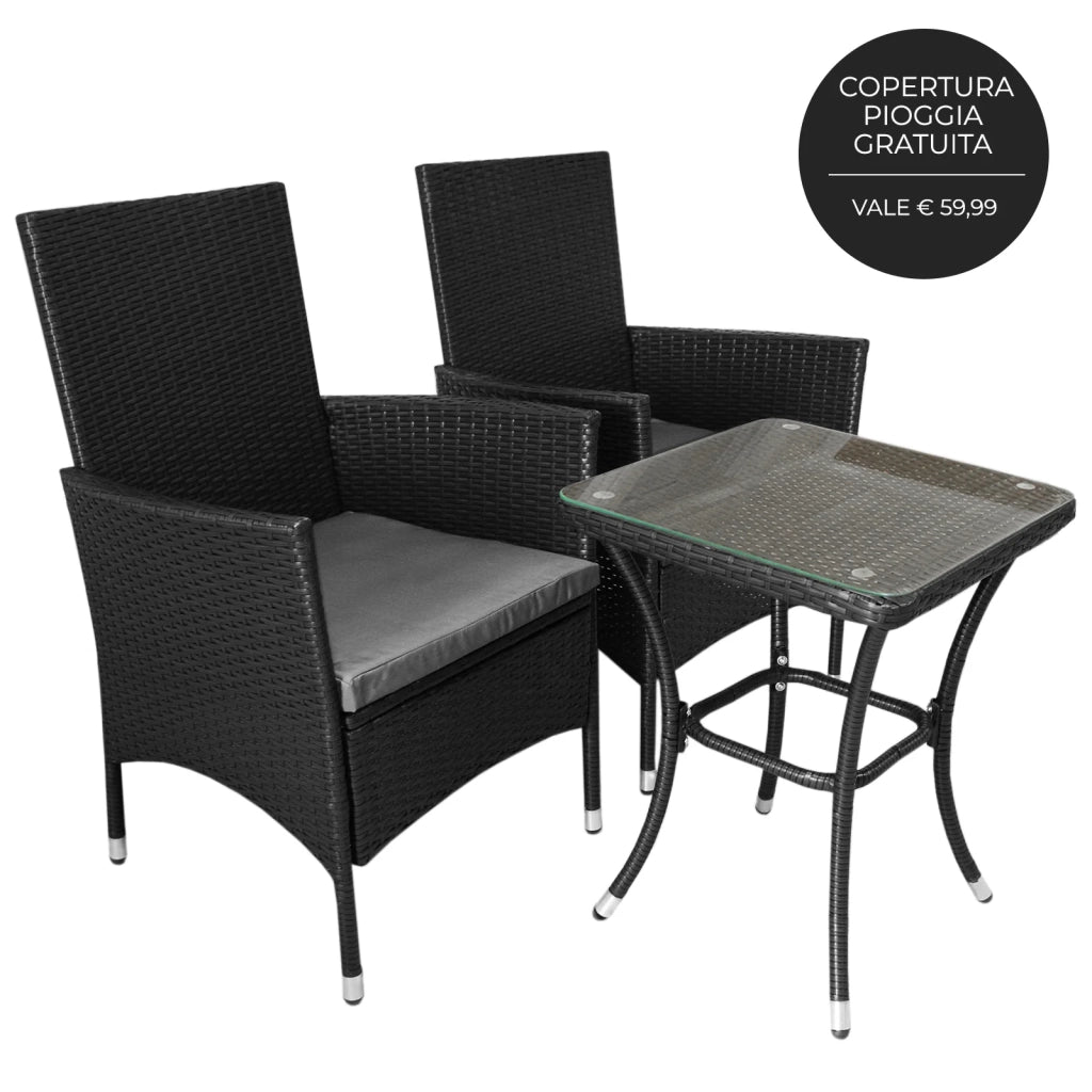 Set Bistro da Giardino in Rattan Jardí con Tavolo in Vetro e Copertura