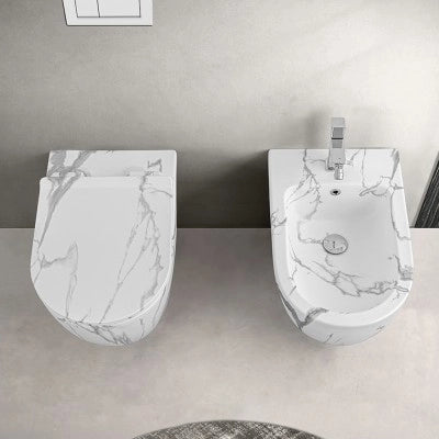 Sanitari filomuro Rimless effetto marmo bianco con sedile Tokyo