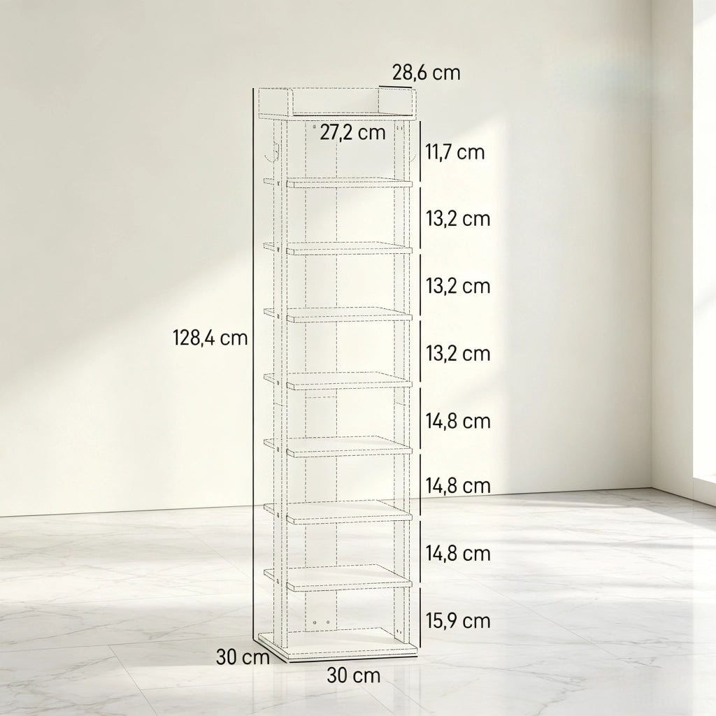 SCARPIERA a 9 ripiani 30x30x128,4 cm Bianca con ripiano superiore e 2 ganci