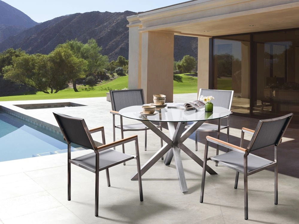 Tavolo da Pranzo da Giardino Argento Gambe in Acciaio Inox Piano in Vetro Trasparente Rotondo ø 120 cm Outdoor Moderno