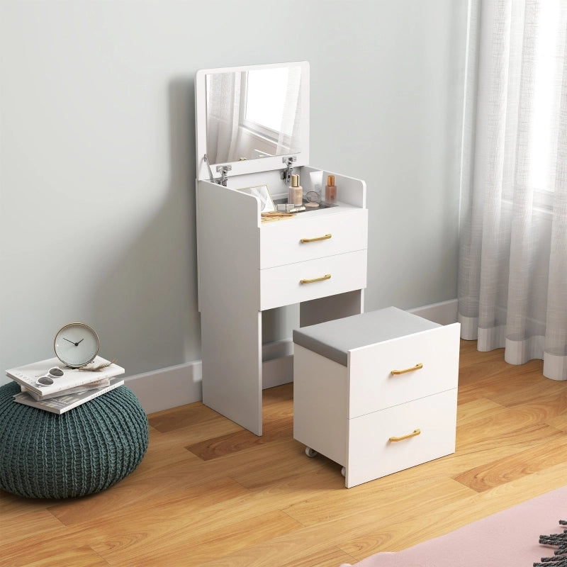 Tavolo da toeletta 3-in-1 con specchio; comodino; sgabello con ruote e cassetti; Bianco