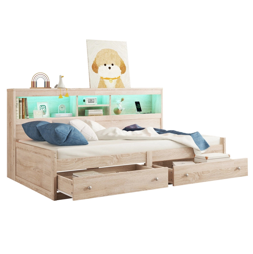 Letto 90x200 cm con LED; USB; prese e cassetti in truciolato e MDF