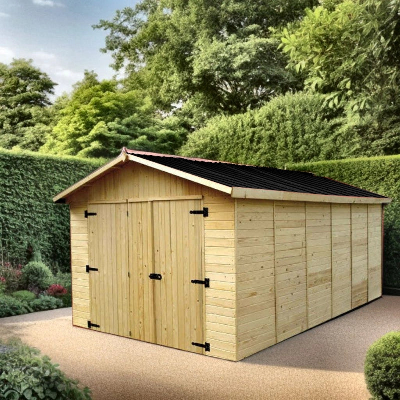 Garage in legno da giardino 280x480 cm – pareti 16 mm, tetto bitumato e porta tripla – ED2848N Foresta