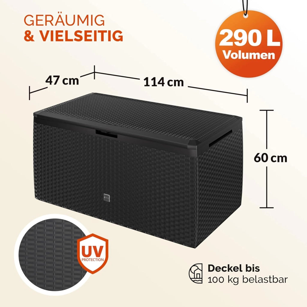 ® Baule da Giardino 117x47x60cm Aspetto Polyrattan 290L Box Multiuso Multibox Cuscini 6 Ruote Coperchio Esterno