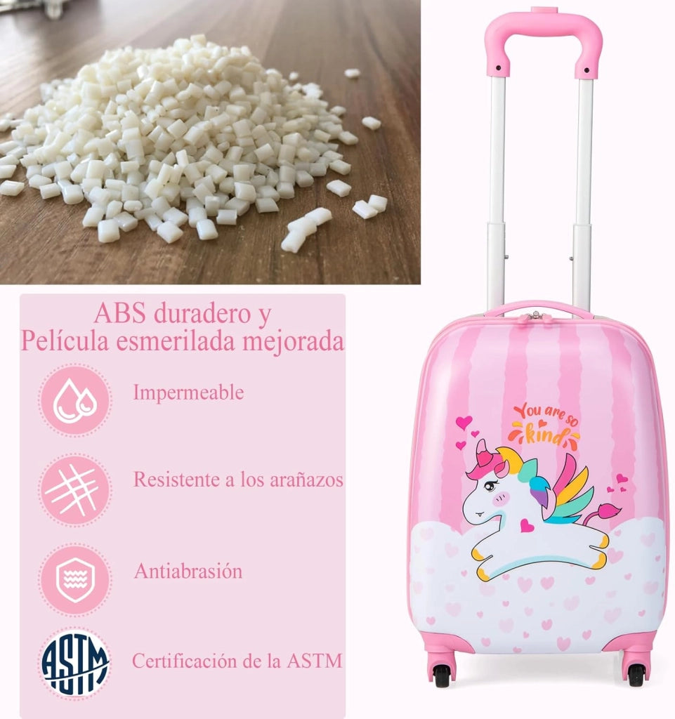 Set di Valigia 16’’ + Zaino 12’’ per Bambini 2 Pezzi, Bagagli 2-in-1 con Zainetto da Viaggio Aereo, Trolley con Maniglia Telescopica e 4 Ruote a 360° (Rosa Unicorno-A)