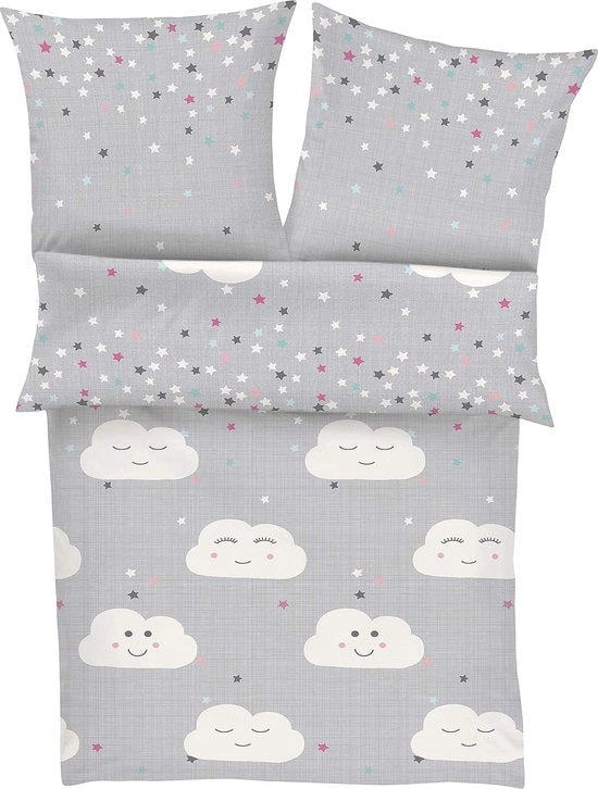 Set di lenzuola per bambini 100x135 cm - 100% cotone, chiusura a zip pratica e lavabile in macchina, set di lenzuola per bambini 2 pezzi grigio nuvole e stelle