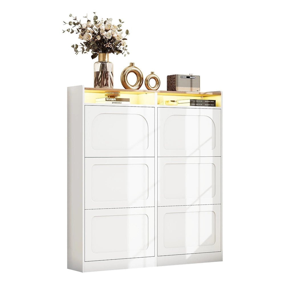 Scarpiera moderna con LED - Xylo - 120x130x24 cm - Bianco naturale - 6 scompartimenti a ribalta
