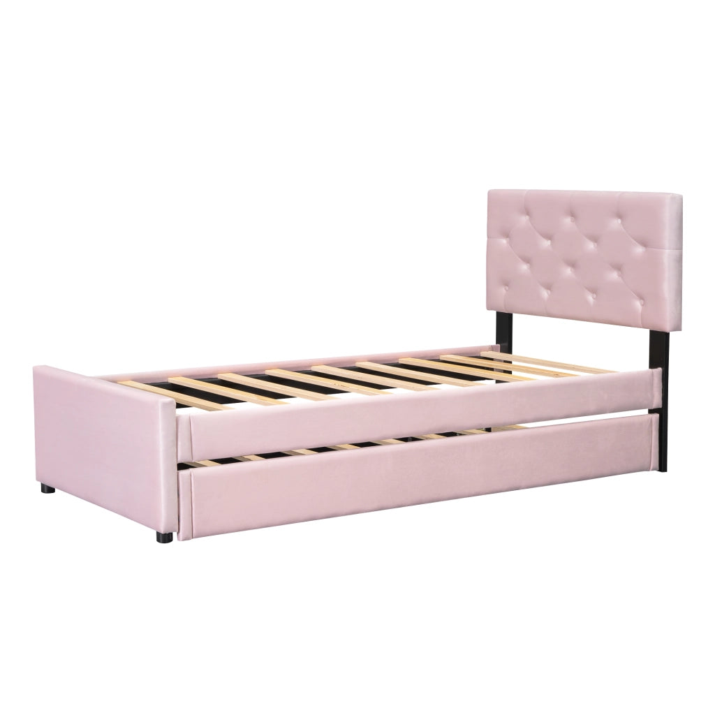 Letto Estraibile 2 Posti con Letto Scorrevole; 90 × 200 cm e 90 × 190 cm; senza Materasso; Velluto Rosa