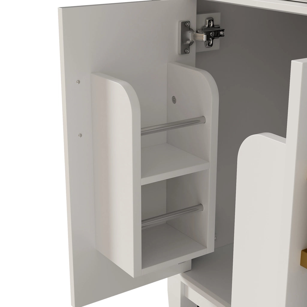 Mobile bagno freestanding bianco 90x46x87 cm con lavabo in ceramica, 4 cassetti, armadietto a doppia anta e finiture oro