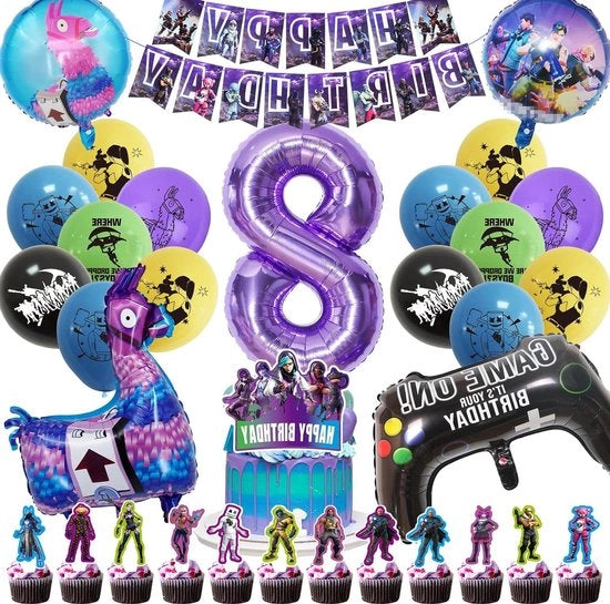 Decorazioni di compleanno - palloni Fortnite - 8 anni - videogiochi gaming - 51 pezzi - kit di festa tematico