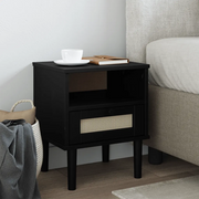 Comodino SENJA Nero Aspetto Rattan 40x35x48 cm in Legno di Pino 358012