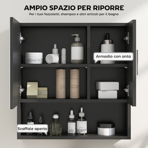 Armadietto a Specchio per Bagno 54x15,2x55,3 cm con Ripiano Aperto in Legno Nero