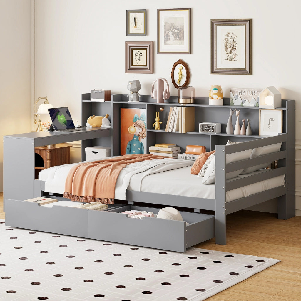 Sofa letto multifunzionale 90x200 cm in legno grigio con scrivania; prese USB e vani contenitore