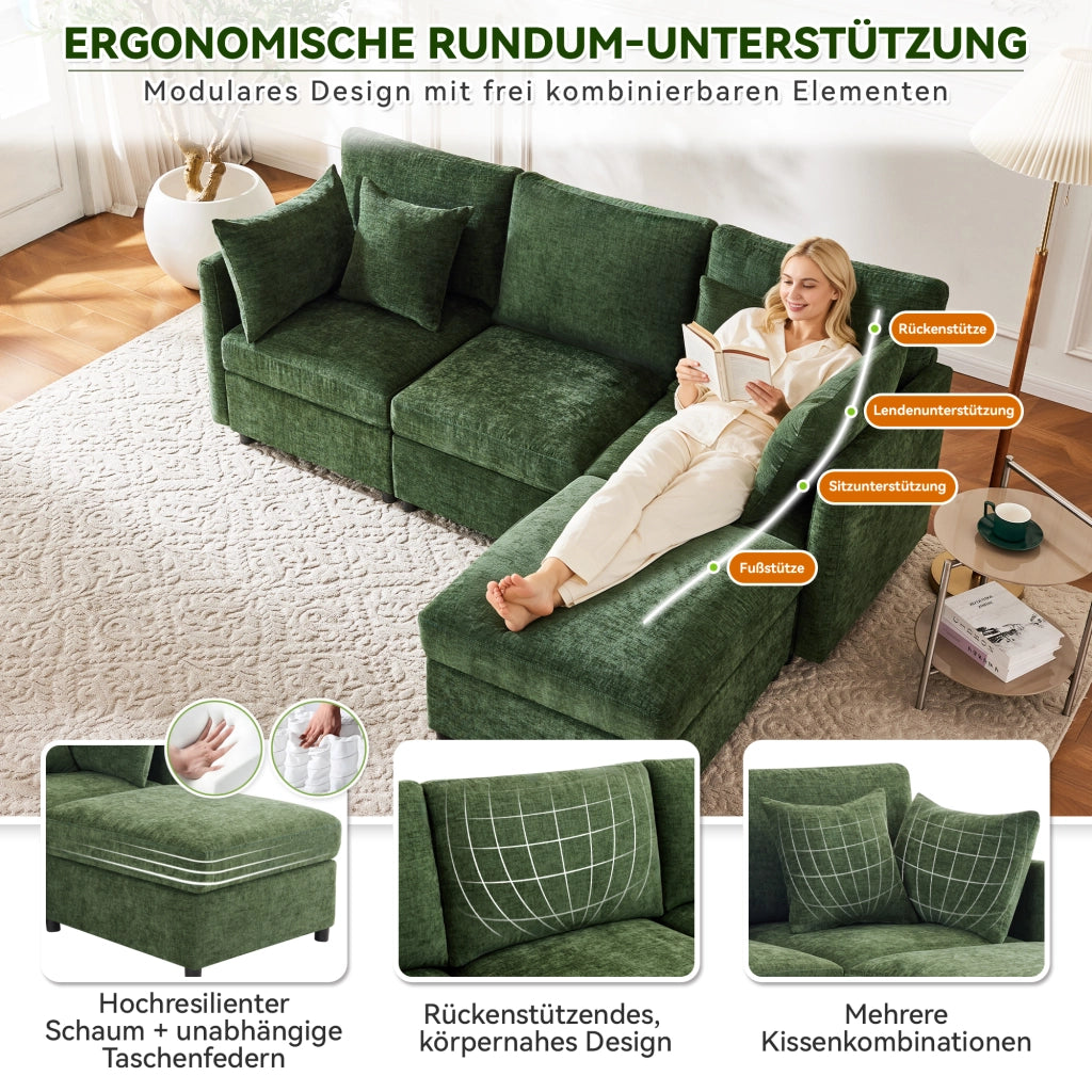 Divano angolare modulare con pouf mobile e 4 cuscini in chenille per soggiorno e ufficio verde 216 × 161 × 81 cm