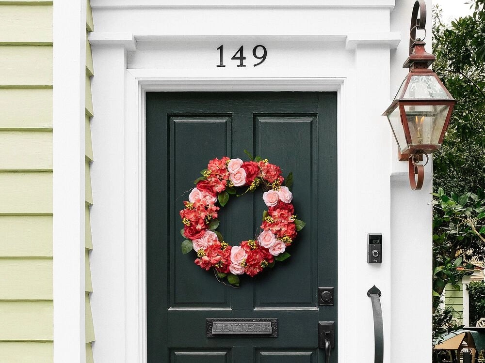 Ghirlanda Porta Rosso e Rosa Fatto a Mano Decorativo Fiore Artificiale Rotondo 50 cm Tavolo Decorazione da Parete Rustico Tradizionale